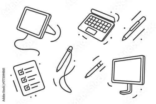 Zero-Gravity Office Icons. Line style icons of Office Items in Zero-Gravity: tethered tablet, clip-on keyboard, stylus strap,