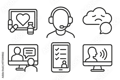 Telemedicine Line Icons. Line style icons of telemedicine: teletherapy tools, headset icon for therapy, emotional support cloud,