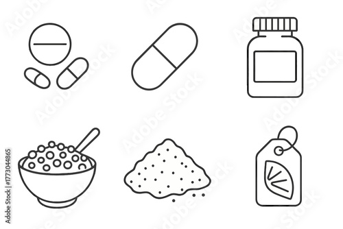 Vegan Diet Icons. Line style icons of vegan diet: B12 and supplements, B12 capsule icon, multivitamin bottle, fortified cereal