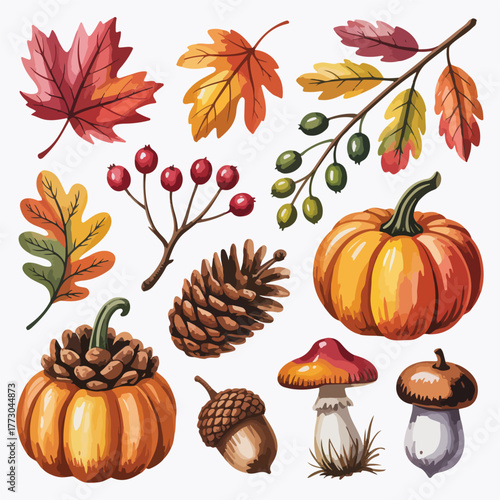An autumnal seamless background pattern with pumpkins, fall leaves, and harvest gourds for Thanksgiving and Halloween decoration design