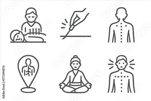 Holistic Healing Icons. Line style icons of holistic healing: acupuncture therapy, needle insertion icon, acupuncture points on