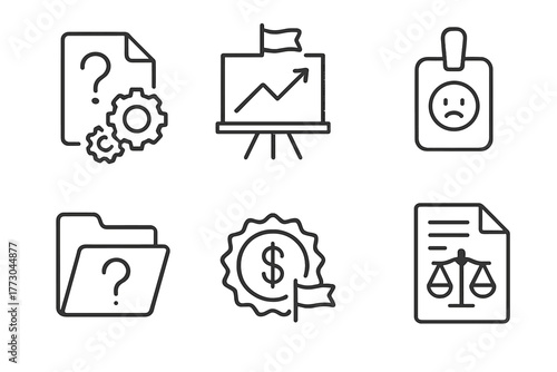 Angel Investor Red Flags. Line style icons of Angel Investor Red Flags: Vague business model icon, unrealistic projection chart,