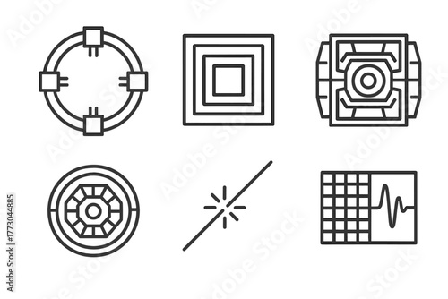 Particle Physics Icons. Line style icons of particle physics: LHC icon, detector layers, CMS detector, ATLAS experiment, collision