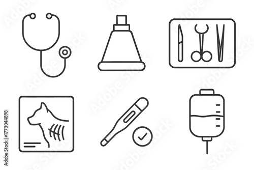 Wildlife Vet Icons. Line style icons of Wildlife Veterinary Care: stethoscope icon, anesthesia mask, surgery prep tray, X-ray