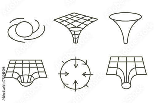 Black Hole Icons. Line style icons of black holes: space-time curvature, warped grid, funnel icon, gravitational well, curvature