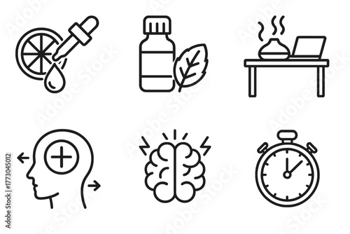 Focus Aromatherapy Icons. Line style icons of aromatherapy for focus: citrus oil, peppermint vial, workspace diffuser, focused