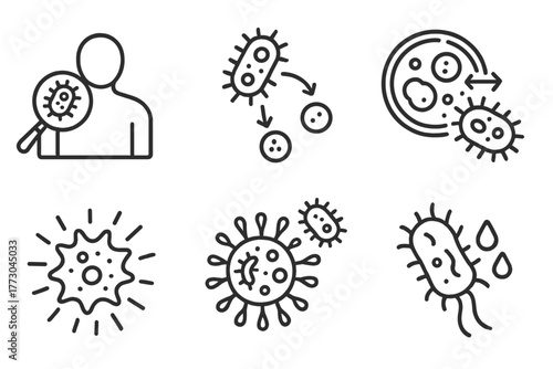 Microbiology Line Icons. Line style icons of microbiology: infection model, microbial pathogenesis, host-pathogen interaction,