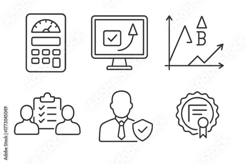 Forex Trading Icons. Line style icons of forex trading: pip value calculator, margin requirement display, position size formula,