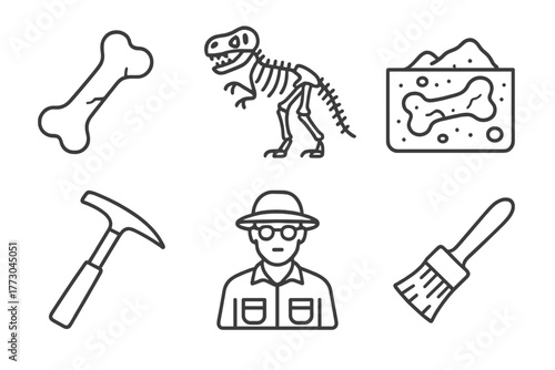 Paleontology Line Icons. Line style icons of paleontology: fossilized bone, dinosaur skeleton, excavation site, rock hammer,