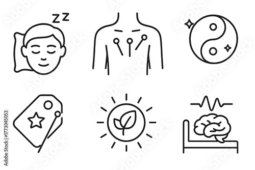Acupuncture Sleep Icons. Line style icons of acupuncture: sleep and relaxation, body with sleep point needles, melatonin balance
