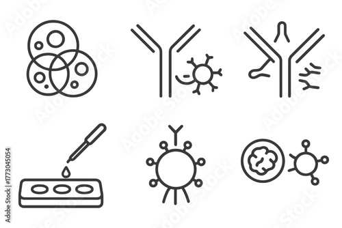 Microbiology Icon Set. Line style icons of microbiology: immunology overlap, antigen recognition, antibody response, ELISA test, T