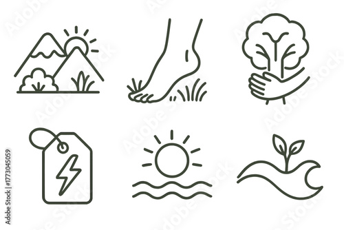 Holistic Healing Icons. Line style icons of holistic healing: natural environment connection, barefoot on grass icon, tree embrace