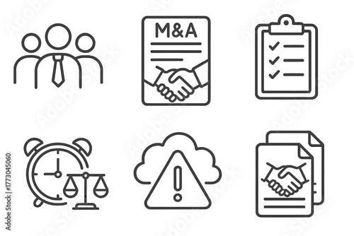 M&A Icons Set. Line style icons of mergers & acquisitions: legal team icon, M&A contract draft, closing legal checklist,