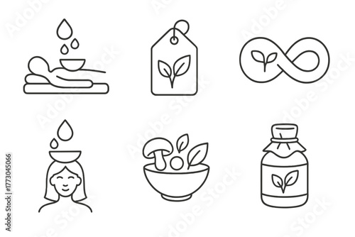 Ayurveda Line Icons. Line style icons of Ayurveda: Rasayana therapy, rejuvenation herbs tag, longevity symbol, youth-preserving