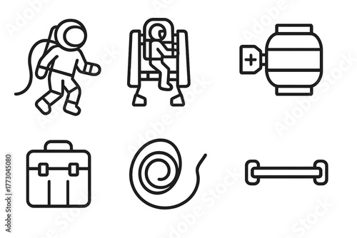 Line Style Space Icons. Line style icons of space exploration: spacewalk icon, tether line, maneuvering unit, external module,