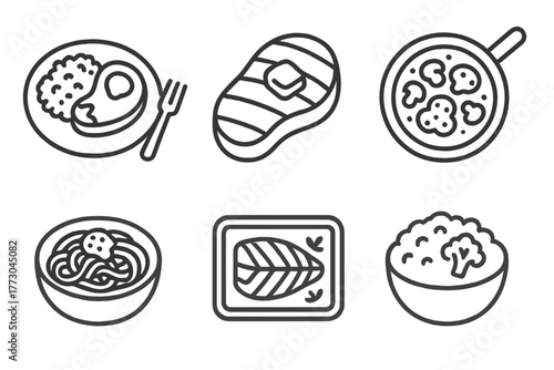 Keto Diet Icons. Line style icons of ketogenic diet: keto dinner, steak with butter icon, creamy chicken skillet, zoodles with