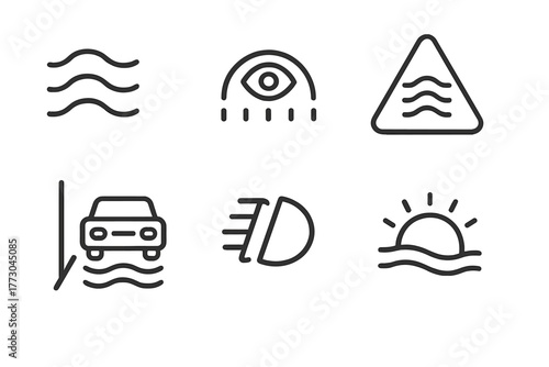 Meteorology Line Icons. Line style icons of meteorology: fog icon, visibility scale, dense fog warning, low visibility road, fog