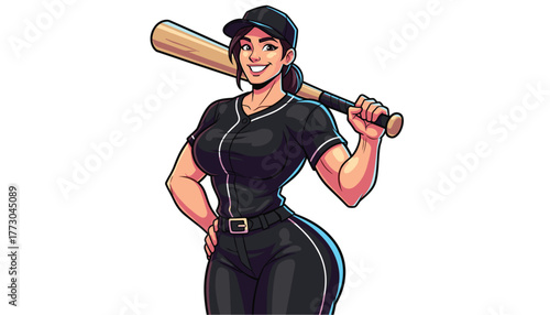 Female Baseball Player with Bat - High detailed vector art