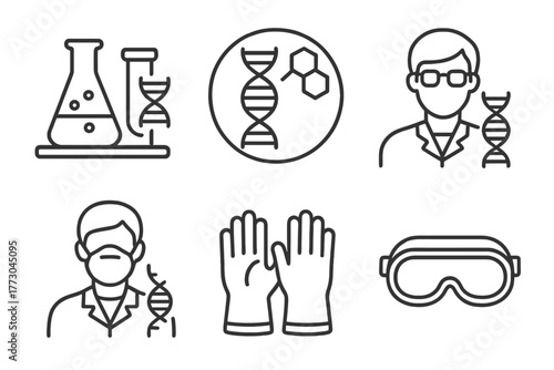 Genetic Engineering Icons. Line style icons of genetic engineering: biotechnology lab, molecular biology badge, geneticist profile