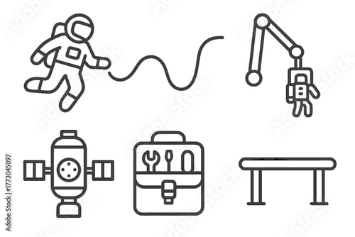 Line Style Space Icons. Line style icons of space exploration: spacewalk icon, tether line, maneuvering unit, external module,