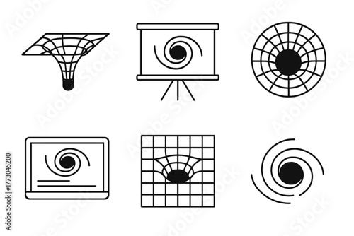 Black Hole Icons. Line style icons of black holes: educational black hole model, classroom diagram, black hole tutorial, labeled