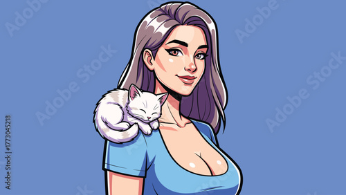 Woman with Sleeping Kitten on Shoulder - High detailed vector art