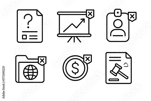 Angel Investor Red Flags. Line style icons of Angel Investor Red Flags: Vague business model icon, unrealistic projection chart,