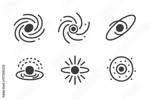Black Hole Icons. Line style icons of black holes: supermassive black hole, galactic core icon, central bulge orbit, mass