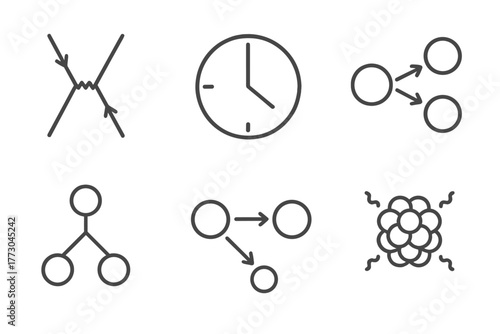 Particle Physics Icons. Line style icons of particle physics: particle decay chart, half-life symbol, decay modes, decay product