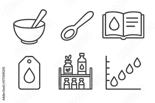 Aromatherapy Line Icons. Line style icons of homemade aromatherapy: mixing bowl, measuring spoon, oil recipe book, blend label,