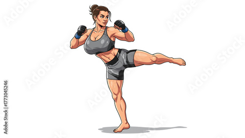 A strong female martial artist in a sports bra and shorts practices a high kick