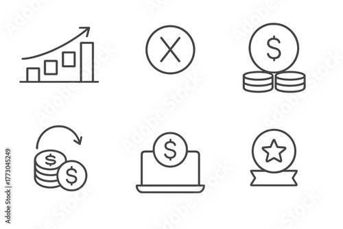 Private Equity Icons. Line style icons of private equity: value bridge chart, exit multiple symbol, cash-on-cash return, DPI icon,