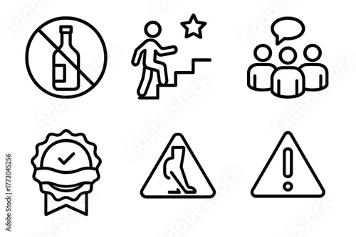 Mental Health Icons. Line style icons of mental health: substance abuse and recovery, crossed bottle icon, recovery steps icon,