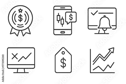 Forex Trading Icons. Line style icons of forex trading: signal provider badge, forex signal icon, entry price alert, stop loss