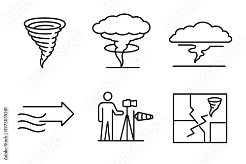 Meteorology Icon Set. Line style icons of meteorology: tornado funnel, supercell storm, rotating cloud base, wind shear arrow,