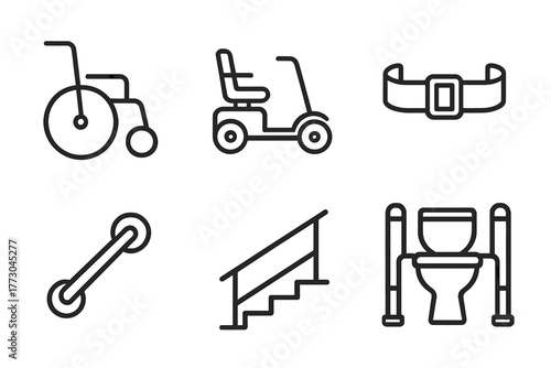 Mobility Aid Icons. Line style icons of mobility aids and adjustments: wheelchair, mobility scooter, transfer belt, grab bar,