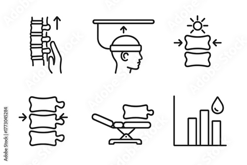 Chiropractic Care Icons. Line style icons of chiropractic care: spinal decompression, traction device icon, vertebrae gap