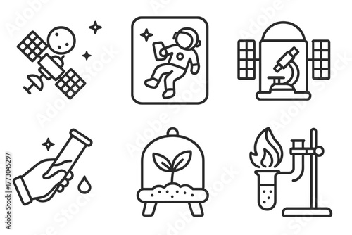 Space Exploration Icons. Line style icons of space exploration: space research icon, microgravity experiment, lab in orbit, fluid