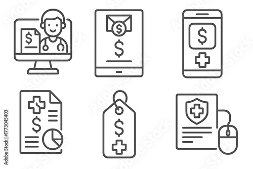 Telemedicine Iconography. Line style icons of telemedicine: telemedicine billing, online invoice icon, healthcare payment screen,