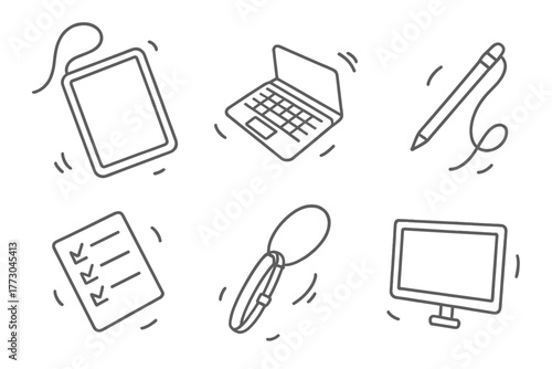 Zero-Gravity Office Icons. Line style icons of Office Items in Zero-Gravity: tethered tablet, clip-on keyboard, stylus strap,
