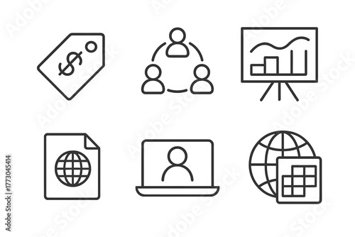 Local vs Global Icons. Line style icons of Local vs Global Angel Strategy: Local deal tag, regional network icon, cultural