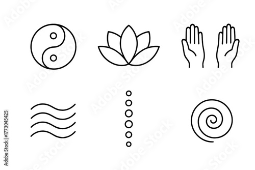 Alternative Healing Icons. Line style icons of alternative healing symbols: yin yang, lotus flower, healing hands, energy waves,