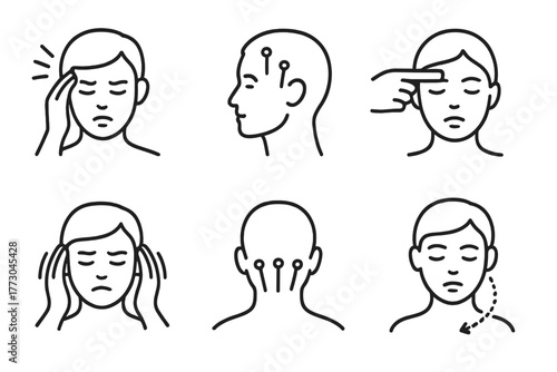 Acupuncture Line Icons. Line style icons of acupuncture: headache and migraine relief, needles on temple icon, pressure point on