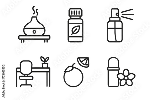 Office Aromatherapy Icons. Line style icons of office aromatherapy: desk diffuser, productivity blend, stress mist, mini inhaler,