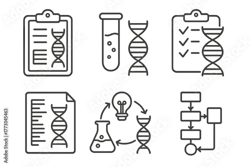 Genetic Engineering Icons. Line style icons of genetic engineering: laboratory record icon, experiment log, protocol checklist,