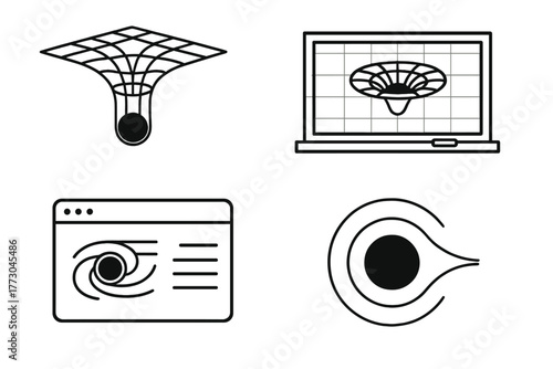 Black Hole Icons. Line style icons of black holes: educational black hole model, classroom diagram, black hole tutorial, labeled