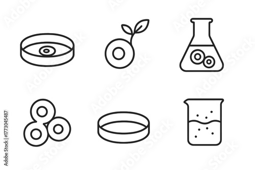 Stem Cell Line Art. Line style icons of stem cell research: stem cell culture, growing cell icon, flask with cells, cell