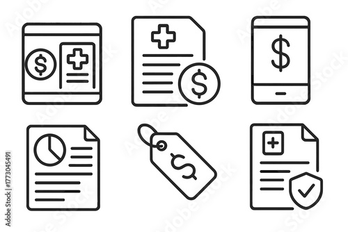 Telemedicine Iconography. Line style icons of telemedicine: telemedicine billing, online invoice icon, healthcare payment screen,