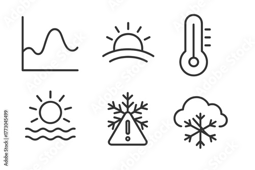 Meteorology Icons Collection. Line style icons of meteorology: temperature graph, daily temperature curve, thermometer icon,