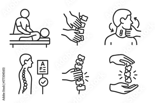 Chiropractic Care Icons. Line style icons of chiropractic care: chiropractic session, patient lying on table, spine adjustment